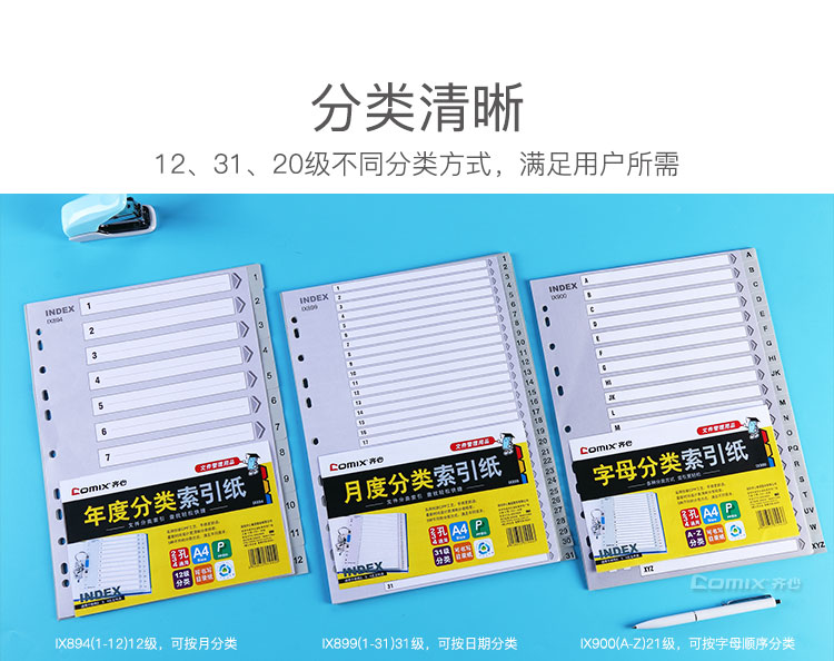 齐心 IX894 易分类 年度索引纸 A4 12页1-12 11孔 PP