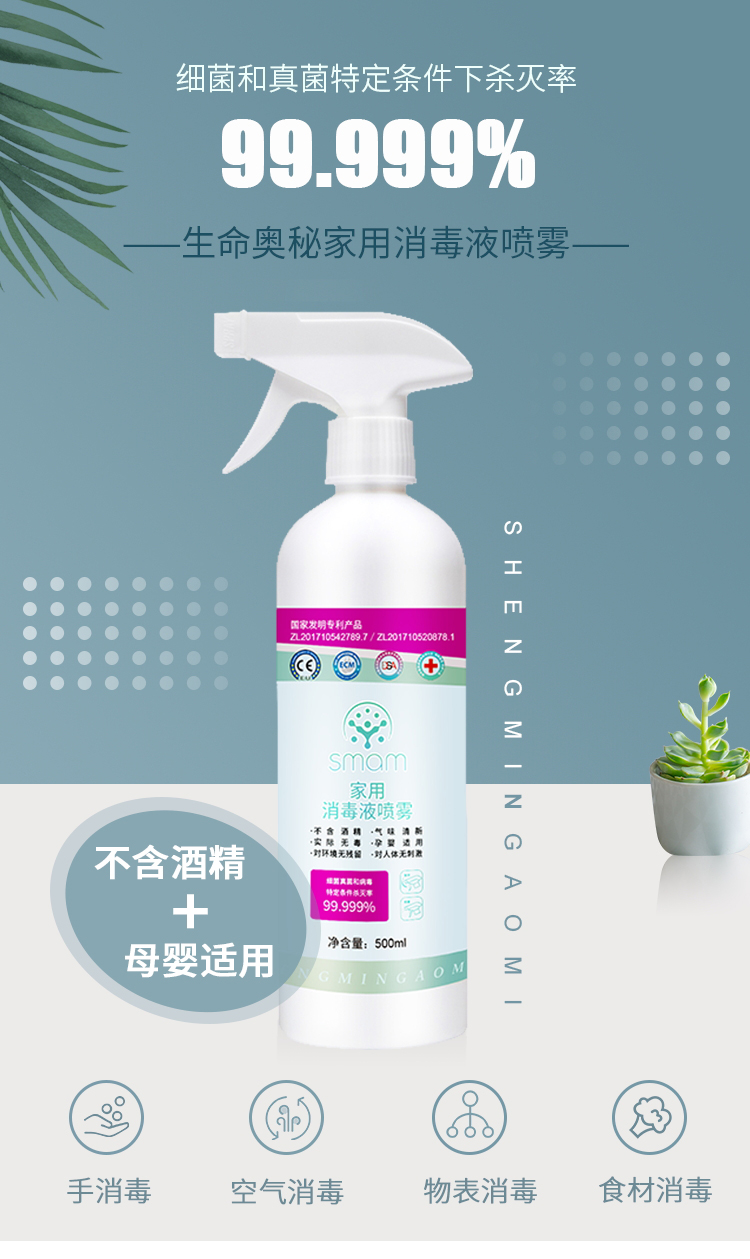 生命奥秘次氯酸消毒液500ml消毒剂喷雾杀菌免洗手不含酒精