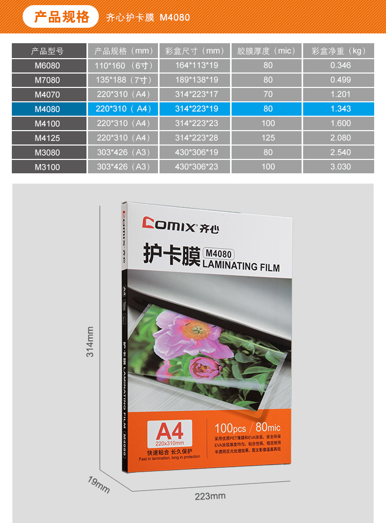齐心 M4080高清护卡膜 100张/SET