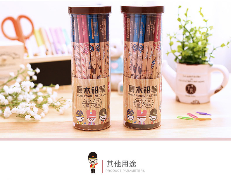 得力（deli）33330 桶装HB铅笔 原木色 48支/桶 卡通六角杆