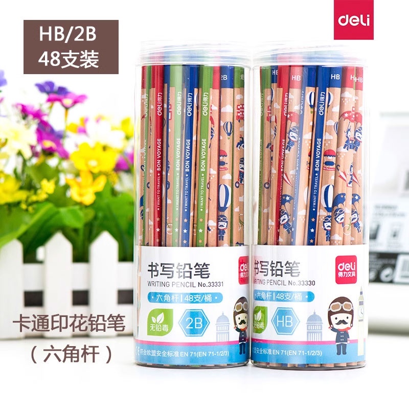 得力（deli）33330 桶装HB铅笔 原木色 48支/桶 卡通六角杆