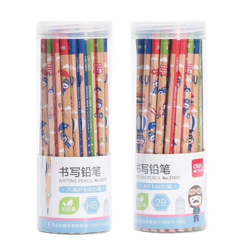 得力（deli）33330 桶装HB铅笔 原木色 48支/桶 卡通六角杆